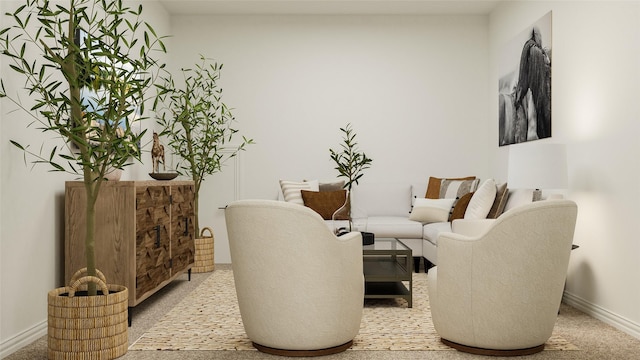 living area with light carpet and baseboards