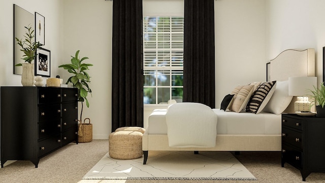 bedroom featuring light carpet