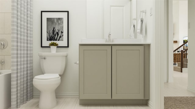 full bathroom featuring toilet, a shower with curtain, a washtub, and vanity