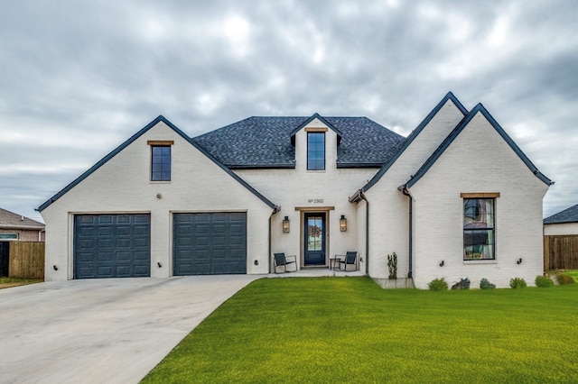 french country home featuring concrete driveway, brick siding, and a front lawn