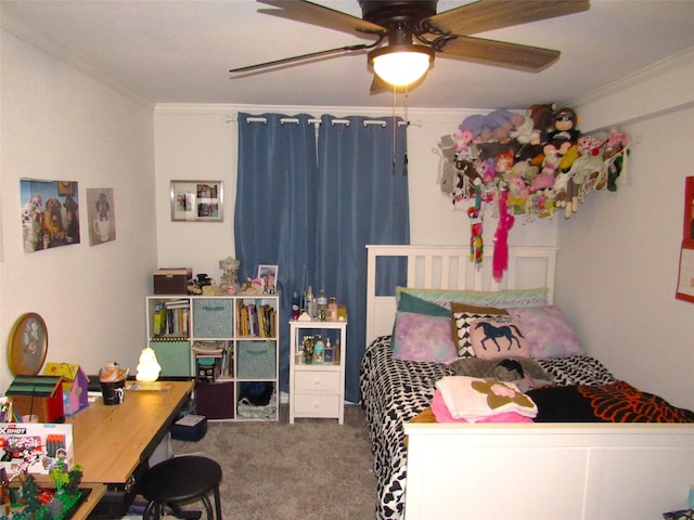 bedroom with crown molding, ceiling fan, and carpet flooring