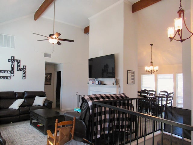 living area with high vaulted ceiling, visible vents, beamed ceiling, and ceiling fan with notable chandelier