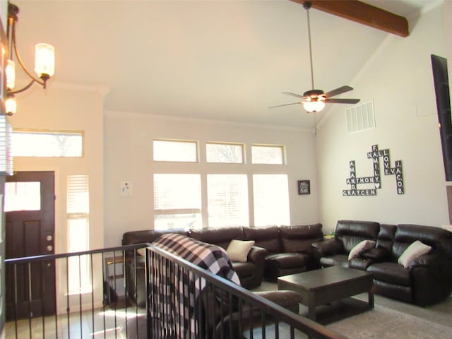 living room with high vaulted ceiling, beam ceiling, visible vents, and ornamental molding