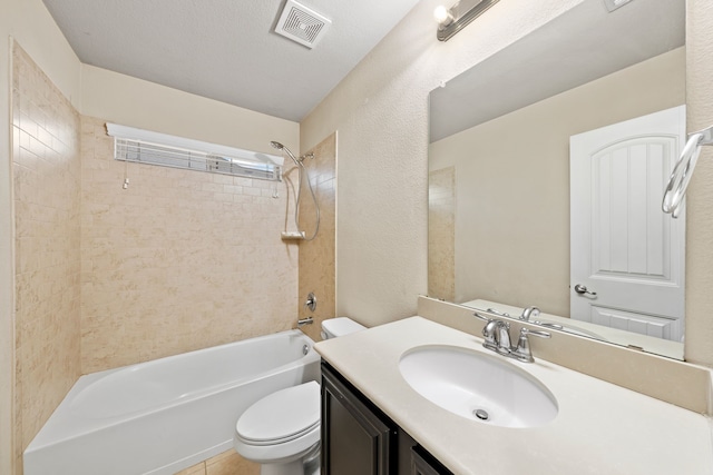 bathroom with a textured wall, toilet, shower / bath combination, vanity, and visible vents