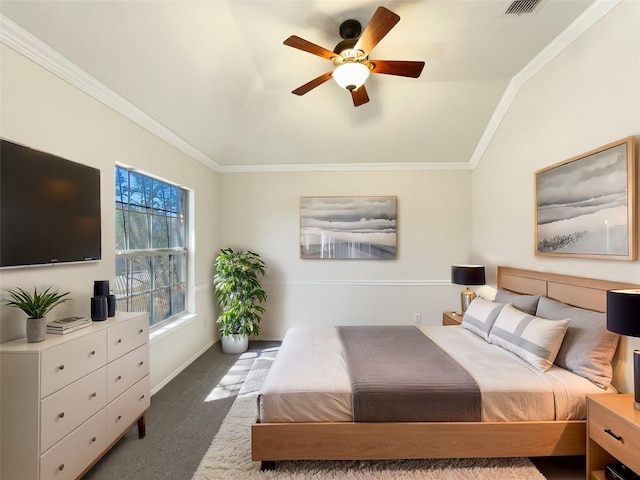 carpeted bedroom with a ceiling fan, baseboards, visible vents, lofted ceiling, and crown molding