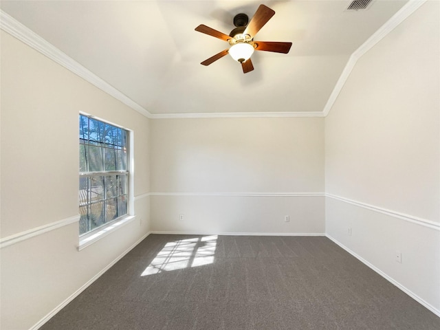 unfurnished room featuring ornamental molding, baseboards, and dark colored carpet