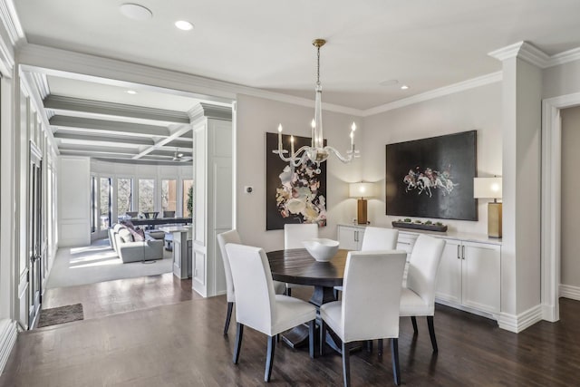 dining room with baseboards, ornamental molding, coffered ceiling, and dark wood-style flooring