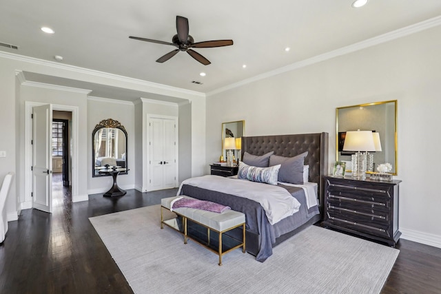 bedroom featuring baseboards, ornamental molding, wood finished floors, and recessed lighting