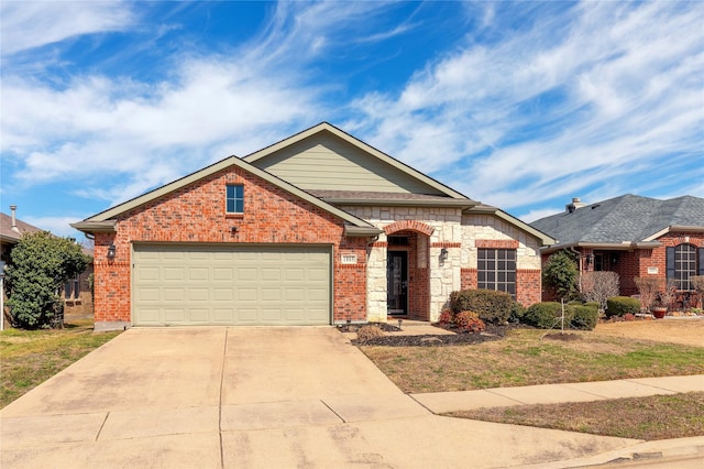 view of front of property with a garage, concrete driveway, and brick siding