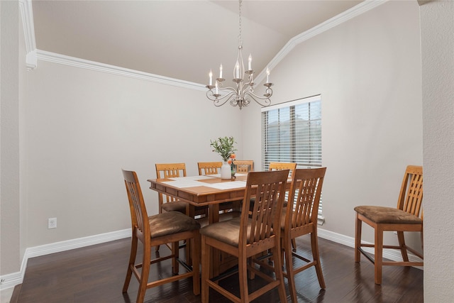 dining area with lofted ceiling, dark wood-style flooring, baseboards, and an inviting chandelier