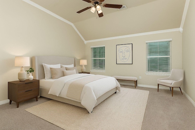 1805 Ringtail Dr, Little Elm, TX 75068 - carpeted bedroom with baseboards, crown molding, lofted ceiling, and a ceiling fan
