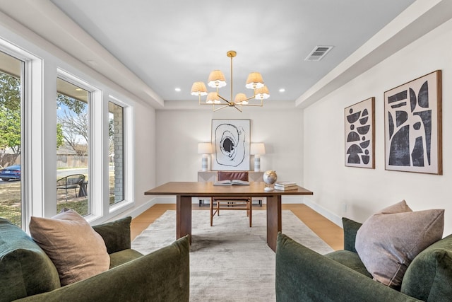 office area featuring recessed lighting, visible vents, light wood-style flooring, and baseboards