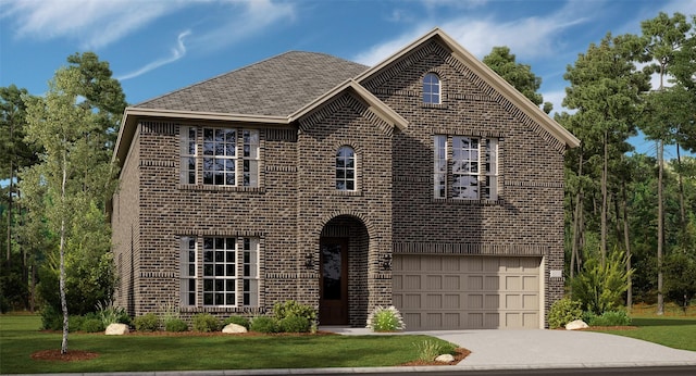 view of front of house featuring an attached garage, brick siding, driveway, roof with shingles, and a front lawn