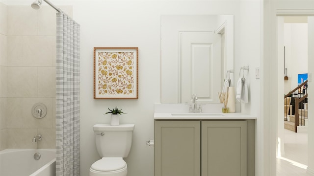 bathroom featuring shower / bath combination with curtain, vanity, and toilet