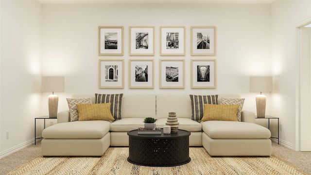 sitting room featuring carpet and baseboards