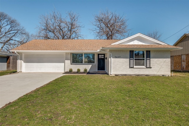 single story home with brick siding, a shingled roof, an attached garage, driveway, and a front lawn