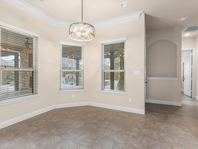 unfurnished room with baseboards, visible vents, a notable chandelier, and ornamental molding