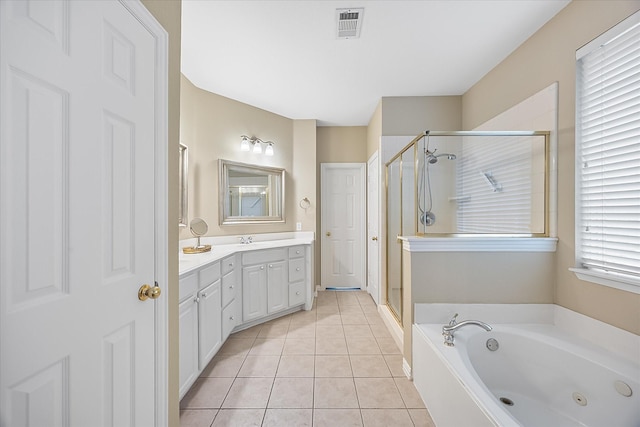 full bath featuring double vanity, visible vents, tile patterned floors, a jetted tub, and a shower stall