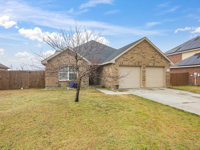 ranch-style home with a garage, a front yard, brick siding, and fence