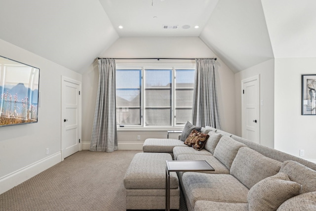 living area with lofted ceiling, recessed lighting, visible vents, light carpet, and baseboards