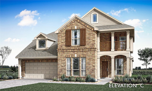 view of front facade featuring a balcony, a shingled roof, concrete driveway, and brick siding