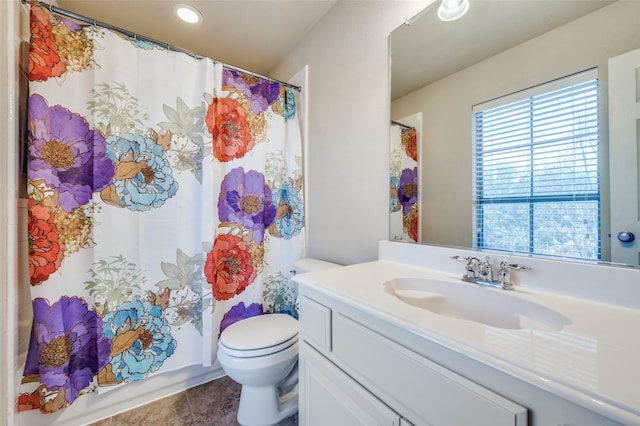 bathroom with tile patterned flooring, toilet, recessed lighting, shower / tub combo, and vanity