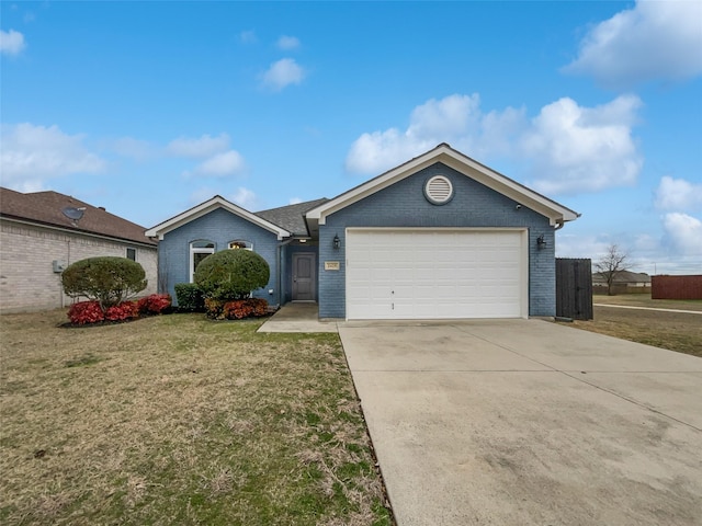 single story home featuring a garage, a front lawn, concrete driveway, and brick siding