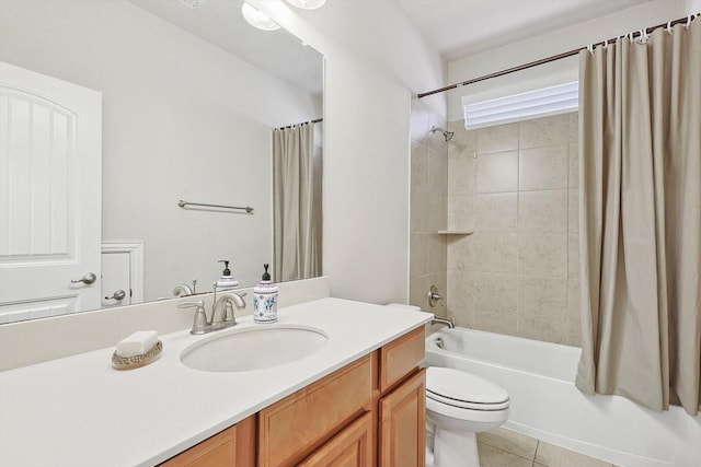 full bathroom featuring tile patterned flooring, toilet, shower / bathtub combination with curtain, and vanity