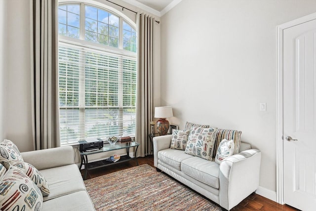 living room featuring dark wood-style floors, ornamental molding, and baseboards