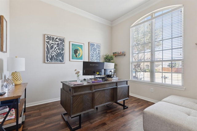 office area with baseboards, dark wood finished floors, and crown molding