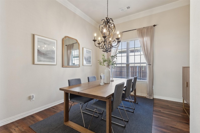 dining room with baseboards, visible vents, dark wood finished floors, and ornamental molding