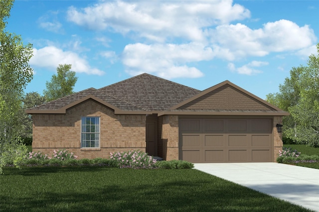 single story home with brick siding, a front lawn, an attached garage, and a shingled roof