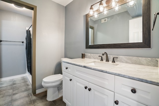 full bathroom with visible vents, toilet, curtained shower, tile patterned flooring, and vanity