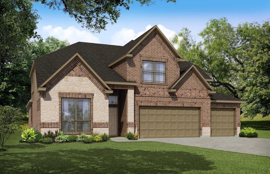 view of front of property with stone siding, brick siding, roof with shingles, and a front lawn