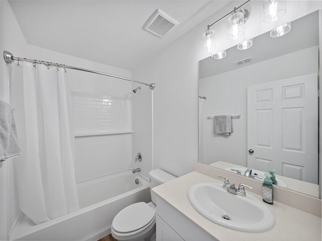 bathroom with shower / tub combo, visible vents, vanity, and toilet