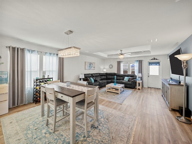 dining room featuring a ceiling fan, a raised ceiling, and light wood finished floors