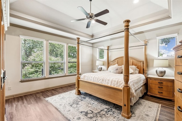 bedroom with baseboards, dark wood finished floors, ceiling fan, a tray ceiling, and crown molding