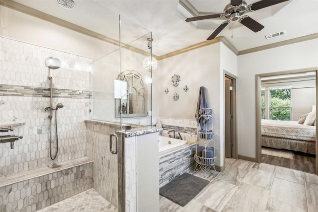 bathroom with a garden tub, crown molding, visible vents, ensuite bathroom, and a stall shower