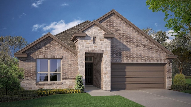 view of front of property with concrete driveway, brick siding, an attached garage, and stone siding