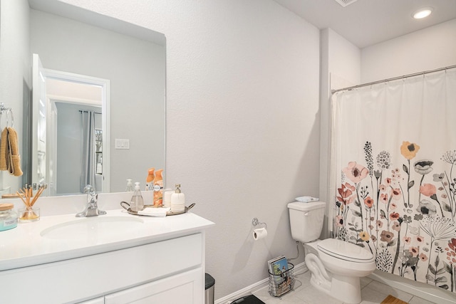 bathroom with a shower with shower curtain, toilet, vanity, tile patterned flooring, and baseboards