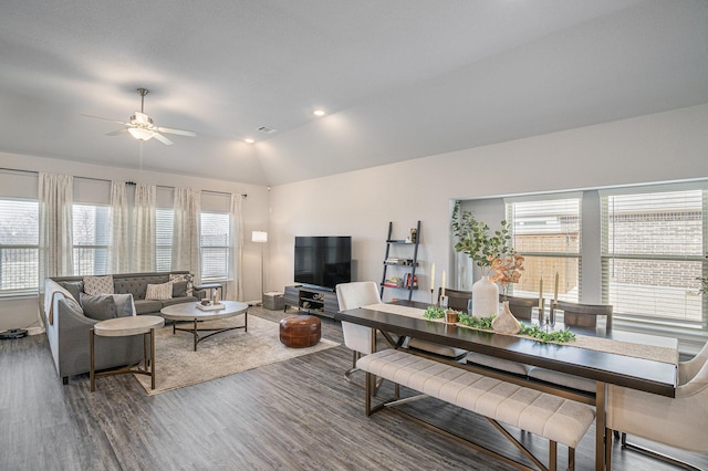 living room with dark wood-style floors, lofted ceiling, recessed lighting, and a ceiling fan