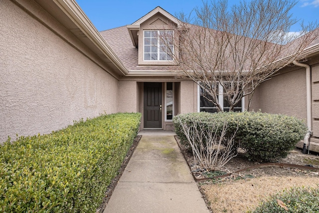 entrance to property featuring roof with shingles and stucco siding