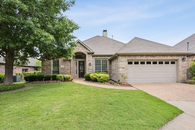 814 Barton Springs Dr, Fairview, TX 75069 - french country home featuring concrete driveway, brick siding, a front yard, a garage, and a shingled roof