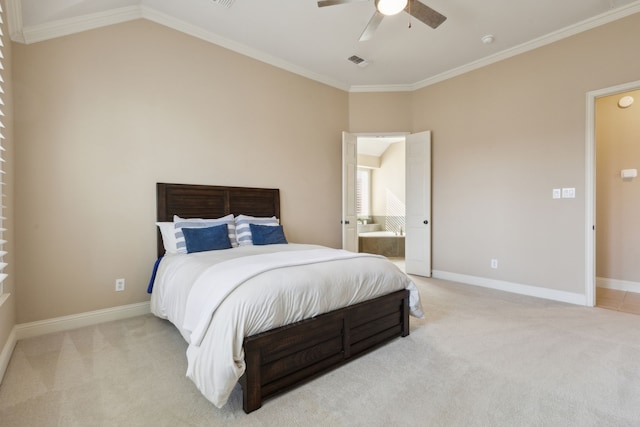 bedroom with baseboards, visible vents, and light colored carpet