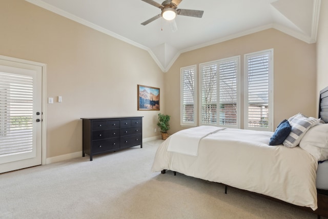 carpeted bedroom featuring lofted ceiling, multiple windows, and crown molding