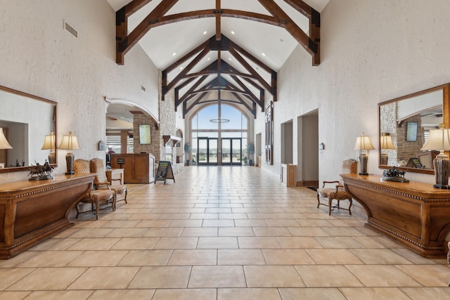 814 Barton Springs Dr, Fairview, TX 75069 - building lobby featuring high vaulted ceiling, beamed ceiling, and recessed lighting