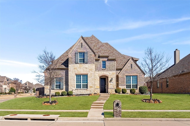 french provincial home with a shingled roof, stone siding, brick siding, and a front lawn