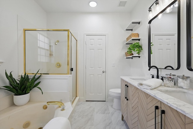 full bath featuring a sink, visible vents, a tub with jets, and a stall shower