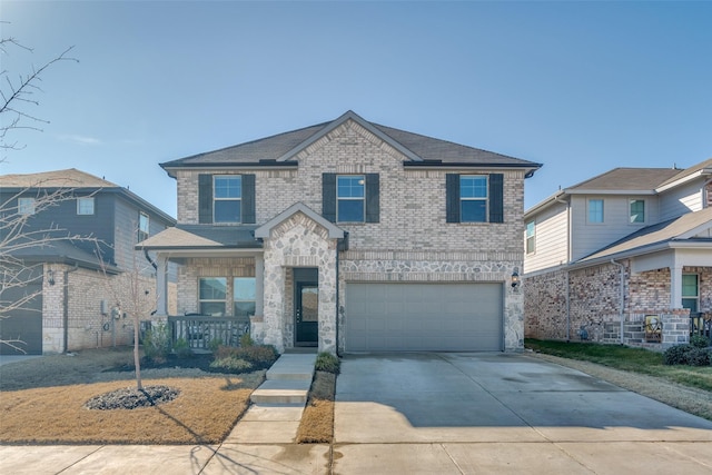 view of front of home featuring concrete driveway, stone siding, an attached garage, covered porch, and brick siding