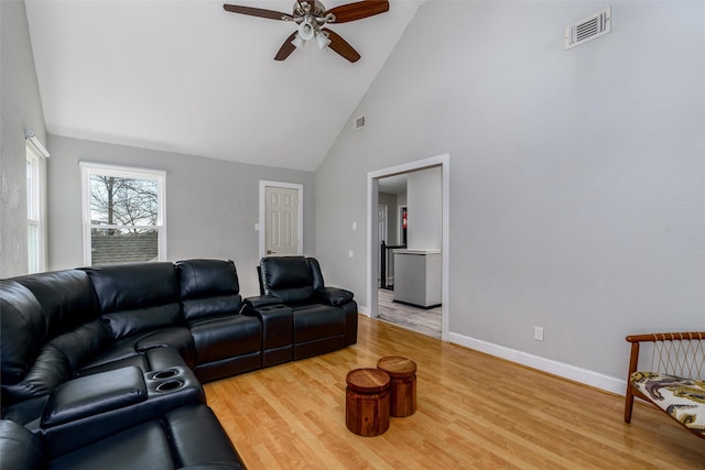 living room with high vaulted ceiling, visible vents, baseboards, and wood finished floors